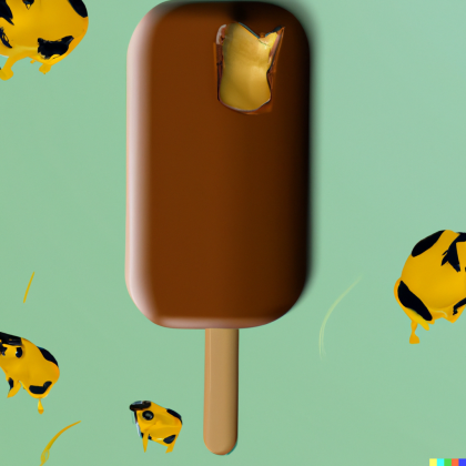 DALL·E 2022-09-21 17.51.45 - Ice cream on a stick covered in chocolate you can see the butter flavored ice cream inside cows and cubes of butter in the background digital art.png